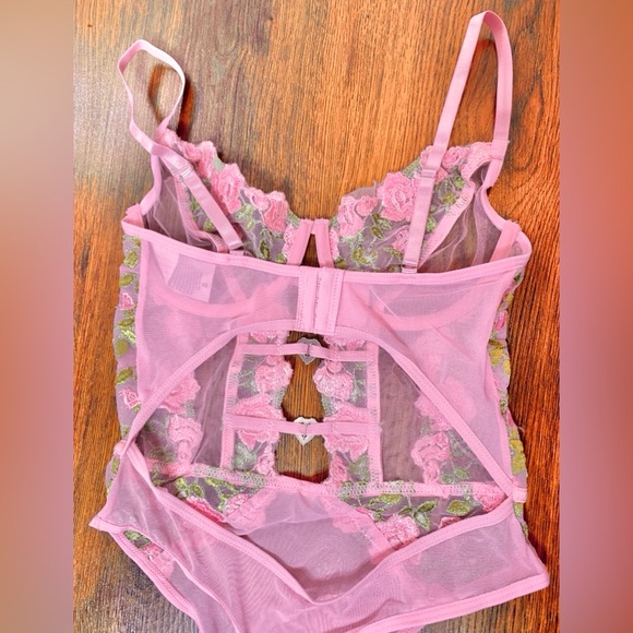🎀🌷 Ethereal Pink Floral Embroidery Sheer Lace Sexy Lingerie Bra Bodysuit 🌷🎀 NWT - Picture 3 of 8